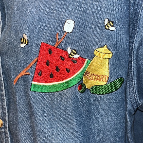 Vintage 90s Y2K Mandal Bay Embroidered Picnic Theme Button Shirt~Watermelon+ - Picture 4 of 7